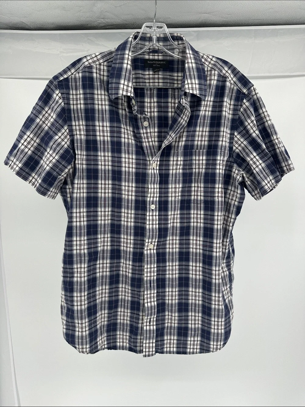 Banana Republic Navy and White Plaid Short-Sleeve Button-Down Shirt